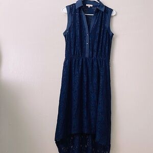 HALO Navy Blue Lace Women  Small Collar Sleeveless High Low Maxi Dress lined